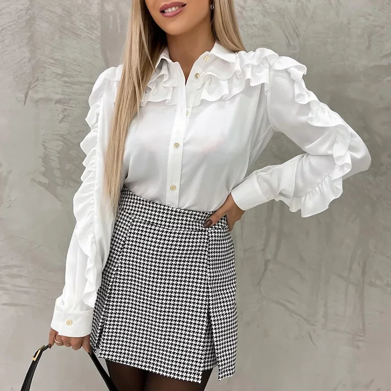 

Office Lady Turn-down Collar Ruffles Blouse 2023 Spring Single Breasted Solid Women Tops Autumn Long Sleeve Shirt Cardigan Mujer