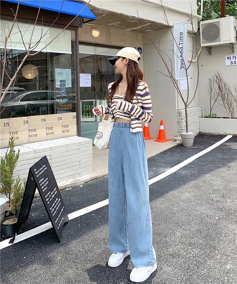 N2602  New Light Color Elastic Waist Wide Leg Jeans Loose Mopping Pants Jeans