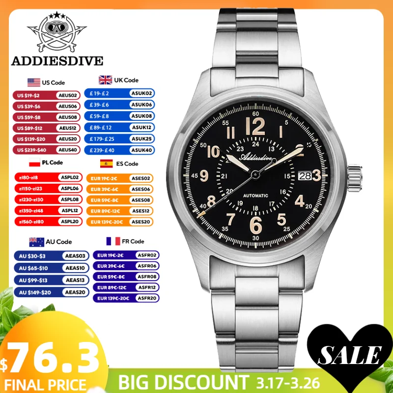 ADDIESDIVE Ретро часы AD2074 автоматические стальные мужские