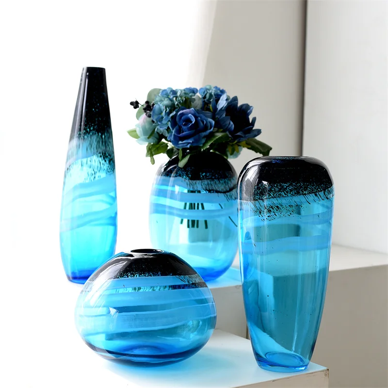 

European-style modern simple blue transparent glass vase living room restaurant home hydroponic ornaments soft decoration