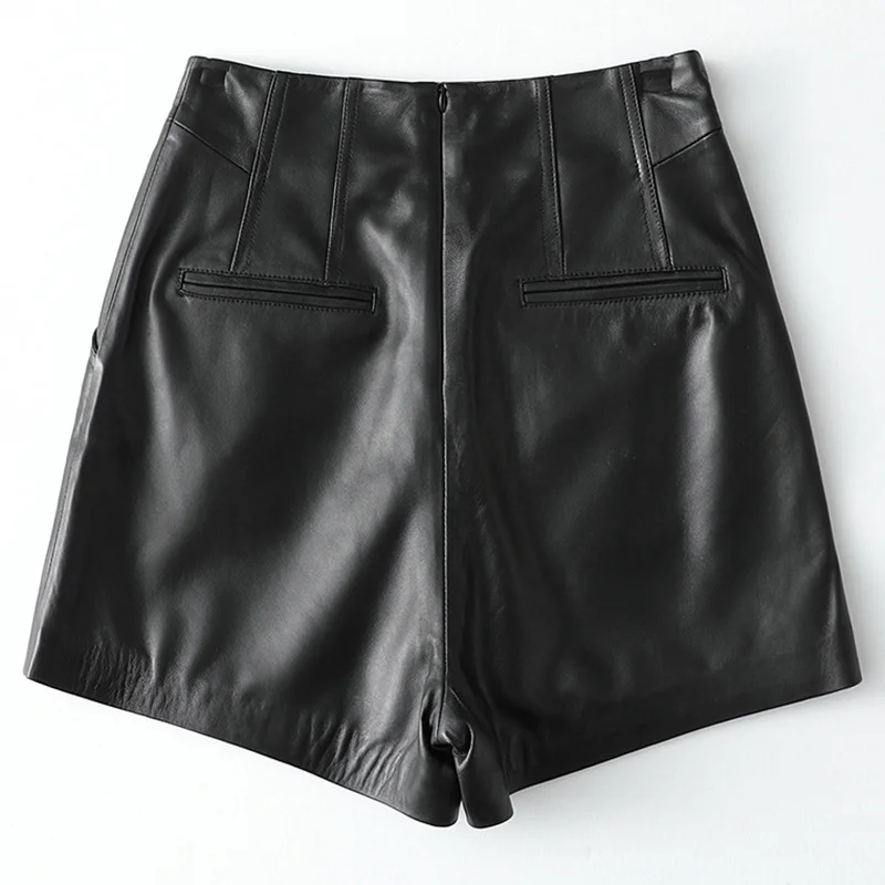 Genuine Women 2023 New Leather Shorts 100% Sheepskin Real Leather Wide Leg Shorts Casual Streetwear Ladies Black Spring Shorts