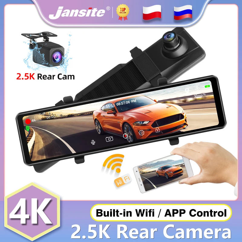 

Jansite 11.26" Car DVR 4K Dash Cam 2.5K Rear Camera Voice Control 2160P Recorder Dual Lens GPS Track Playback Wifi 24H Parking