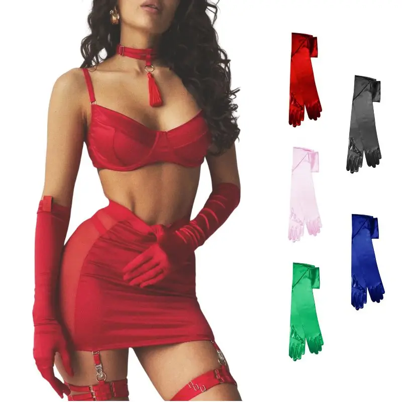 

Classic Adult Black White Red Green Blue Pink Stretch Satin Long Gloves Women Flapper Wedding Gloves Matching Costume Fetish