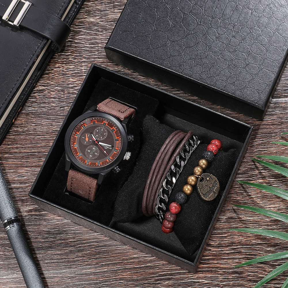

4Pcs/Set Mens Bracelet Watches Fashion Casual Big Watch Dial with Leather Bracelets Gift Box Set for Christmas Gift