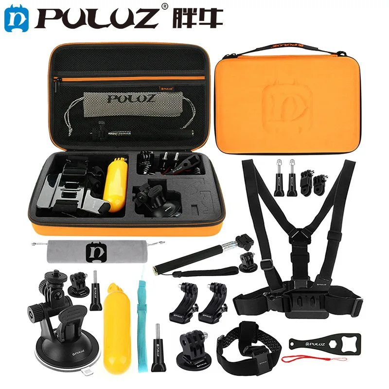 Комплект аксессуаров для экшн-камеры 20 в 1 с оранжевым штативом из ЭВА для Gopro (нагрудный ремень, головной ремень, крепление на присоске, 3-ходовой поворотный