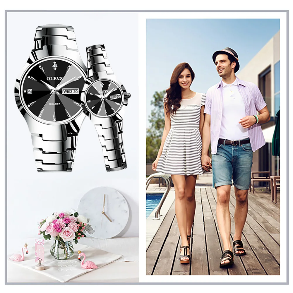 Best Couple New OLEVS Luxury Tungsten Steel Quartz Watch Men And Women Watches Fashion Lovers Watches Women's Dress Watch