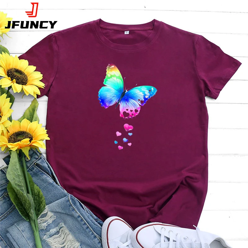 JFUNCY Butterfly Printed T-shirt Women Top  Tee Shirt Summer Woman Clothes Fashion Female Short Sleeve Cotton Tshirt