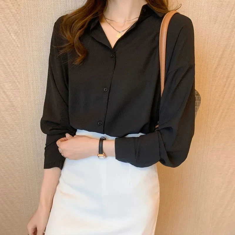 

2022 Spring Autumn Loose Large Size Solid Color Chiffon Blouse Women's Korean Casual Hong Kong Style Long Sleeve Cardigan Shirt