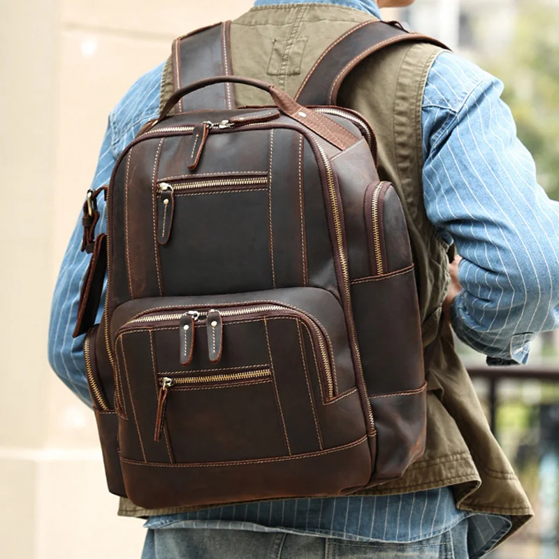 

Europe and the United States new crazy horse skin 15.6 "backpack men's large capacity backpack retro leather backpack men's bag