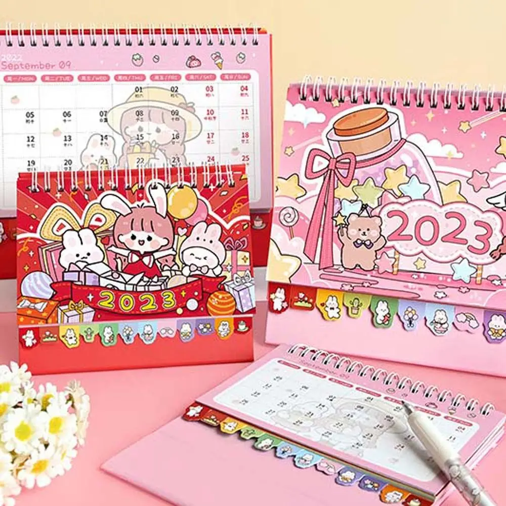 

2023 Pink Cartoon Series Desk Calendar Kawaii Rabbit Bear Pattern Schedule Organizer Desk Standing Flip Calendar