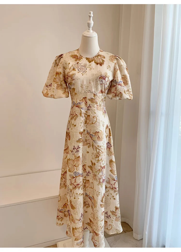 Retro Flower Print Women Linen Midi Dress Short Lantern Sleeve fashion dress