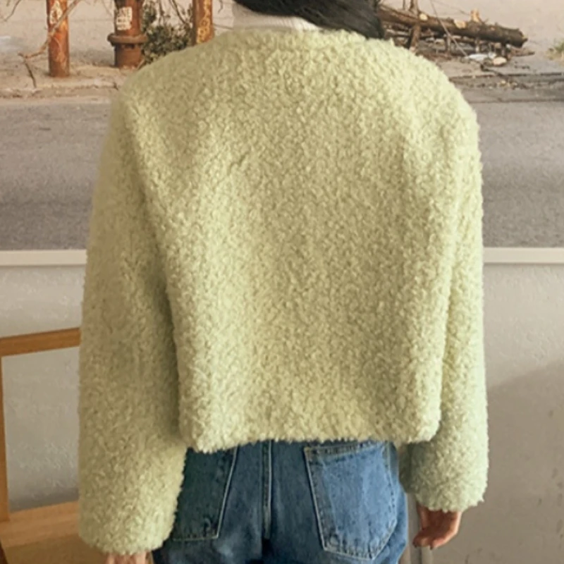 Korean Fashion Light Green Faux Fur Loose Coat Woman Single-breasted Top O Neck Long Sleeve Pocket Women Clothing Dropshipping