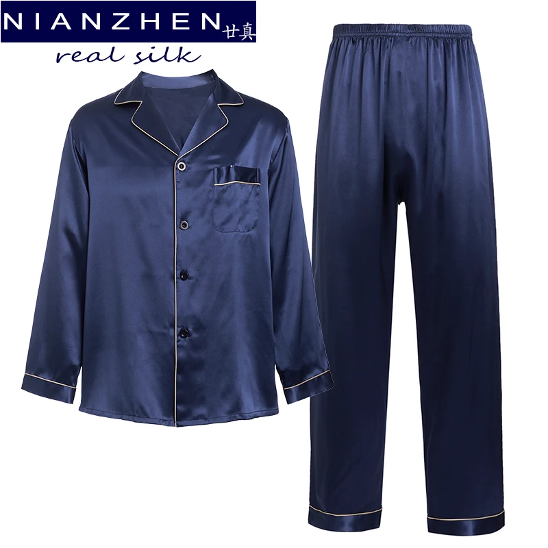 NIANZHEN 100% Real Natural Silk 19 Momme Pajamas Set 2022 New Solid Shirt Long Pants Sleepwear Sets Silk Homewear for Men 69002