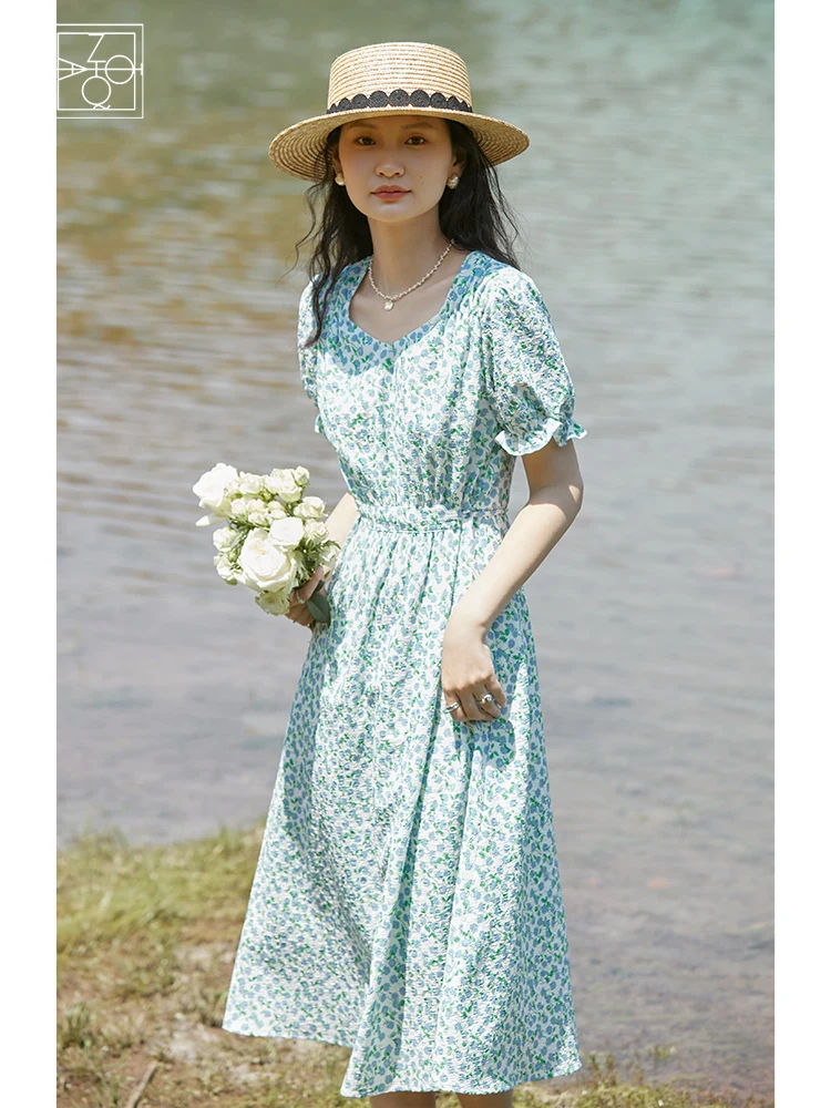 

ZIQIAO Elegant Texture Blue Floral Dress Women Slim Thin Puff Sleeve Tea Break Skirt Peach Heart Collar Summer Female Long Skirt
