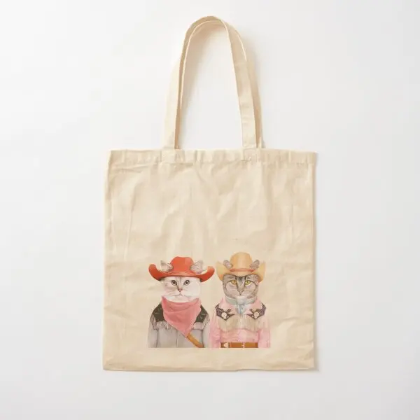 

Cowboy Cats Cotton Canvas Bag Fabric Grocery Shoulder Bag Tote Printed Designer Unisex Reusable Shopper Travel Casual Foldable