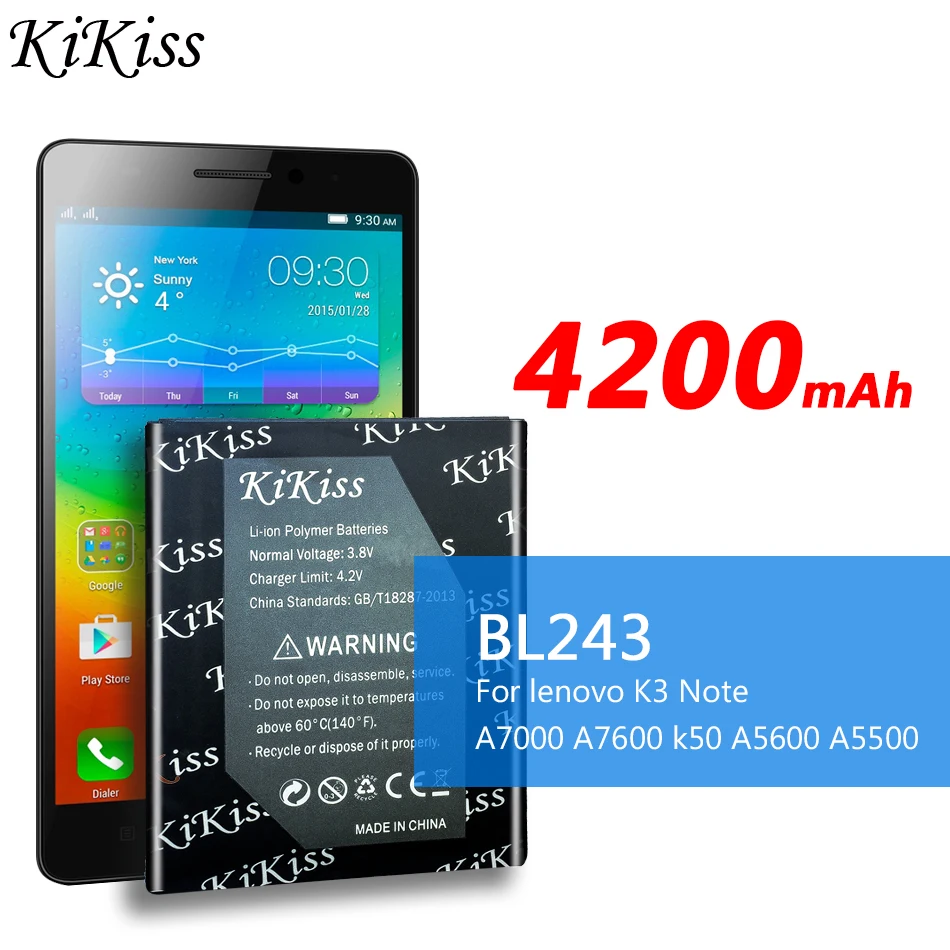 

4200mAh KiKiss BL243 BL 243 BL-243 Mobile Phone Battery for lenovo K3 Note K3Note K50-T5 A7000 A5500 A5600 A7600