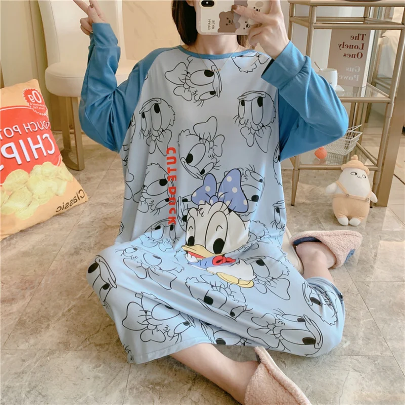 Disney Cartoon Minine Mouse Nightgown Lounge for Girls Autumn Fall Loose Sleepwear Long Sleeve Midi Dress Ladies Sleepshirt