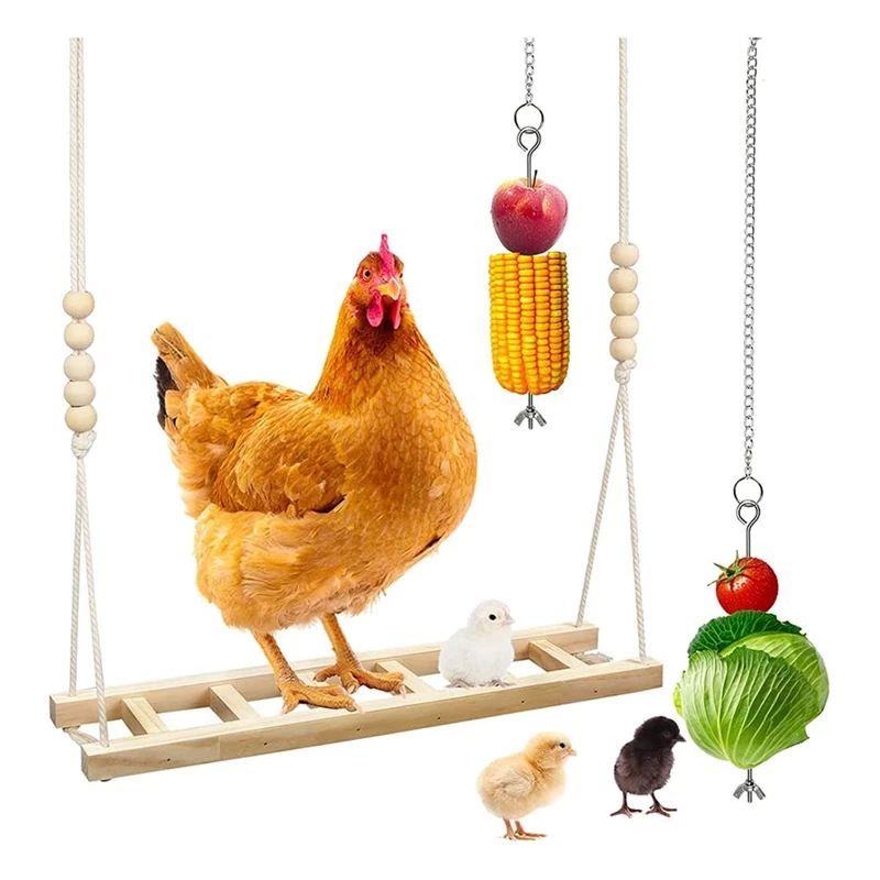

3PCS Chicken Swing Coop Perch Toys Wood Ladder Vegetable Fruit Hanging Chick Chicken Feeder Coop Accessories Handmade