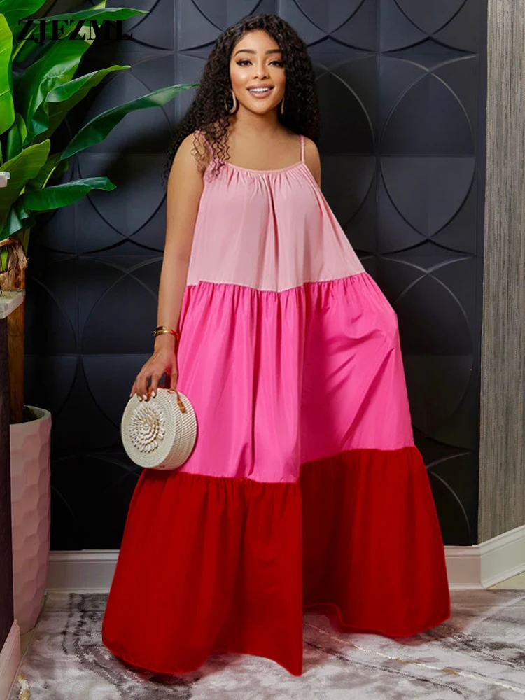 

Summer Color Block Sexy Spaghetti Strap Big Swing Floor Length Dresses for Women Long Club Party Beach Dress Vintage Robe Femme