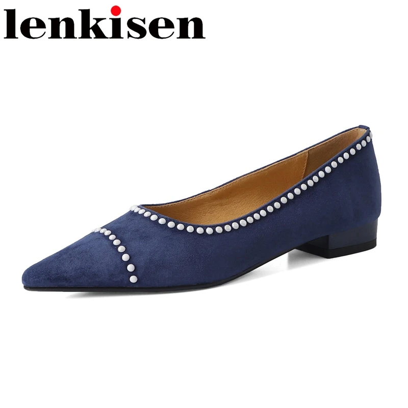 

Lenkisen Sheep Suede Pointed Toe Med Heels Spring Shoes Shallow Mature Chic Dating Point Dot Beauty Lady Slip on Maiden Pumps
