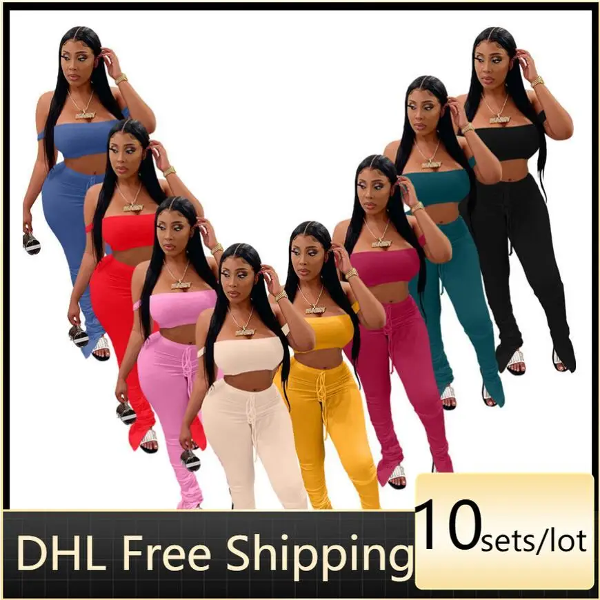 

Two-piece Pants Suits Wholesale Sexy Suspenders Wrap Chest and Pleated Leggings Women's Tracksuits Club Party Night Outfits 7180