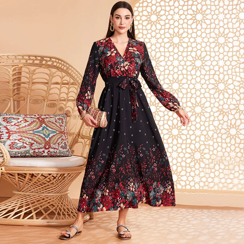 Платье с рукавами-фонариками для женщин черное платье принтом в виде Аравии