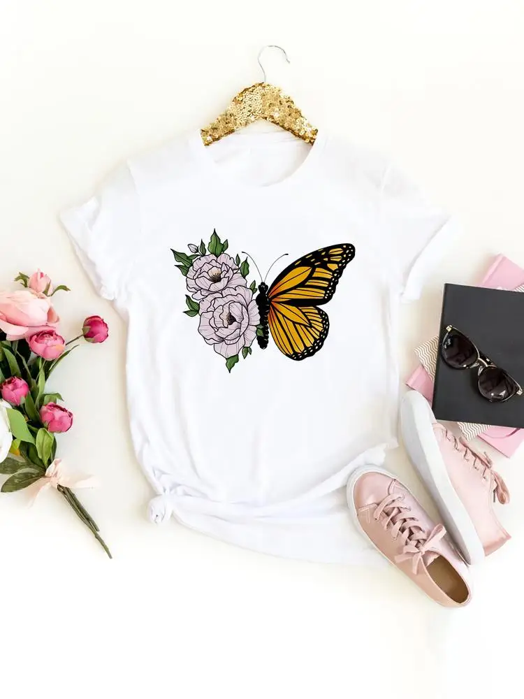 

Women Fashion Tee Graphic T Shirt Top Casual Clothing Flower Butterfly Cute Trend Summer Short Sleeve Female Print T-shirt