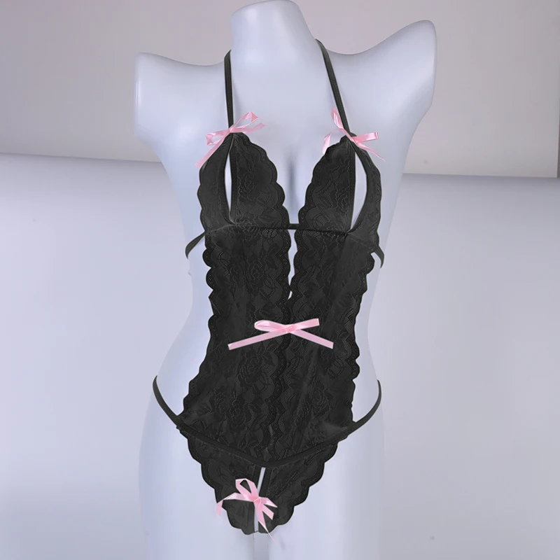 Черные Кружевные Боди женское эротическое нижнее белье комбинезоны с лямкой на