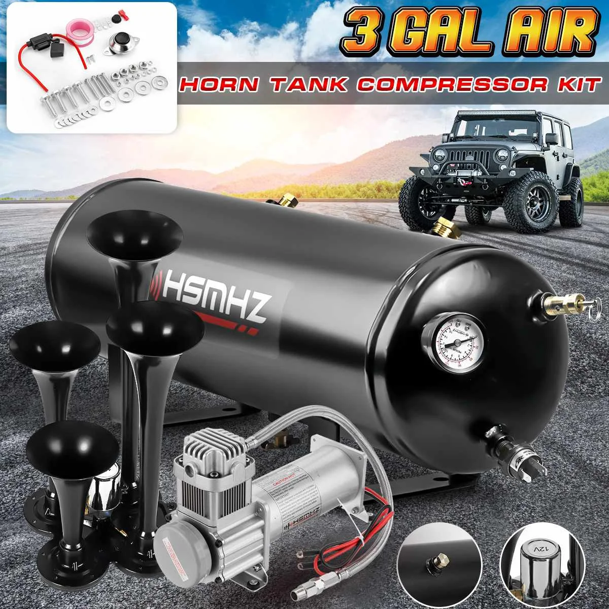 Kit 3 Gal 12l 200psi Air Compressor Tank 150db 4 Trumpet Sound Air Horn 12v