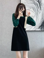 knitted early autumn fashion women dress sweater color contrast patchwork o neck long sleeve buttons office ladies dress 2021