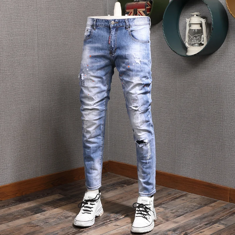 

Mens Summer Thin Dots Printed Blue Stretch Ripped Jeans Men Fashion Slim Fit Pencil Pants Cowboy Casual Denim Trousers