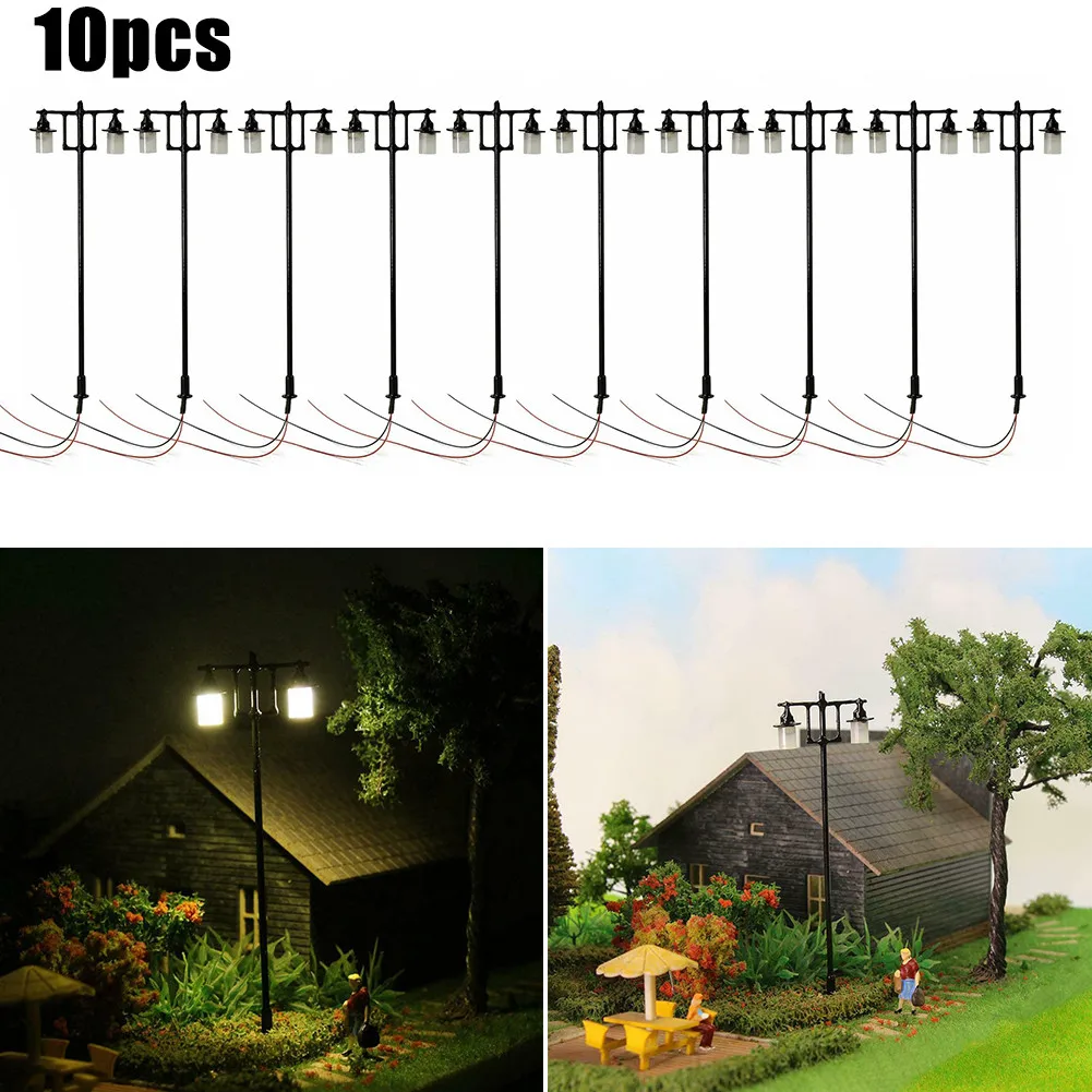 

10pcs Model Train 1:87 Lamp Post Street Lights HO OO Scale LEDs Two-lights 8.7cm Model Railroads Home Garden Parts Accessories