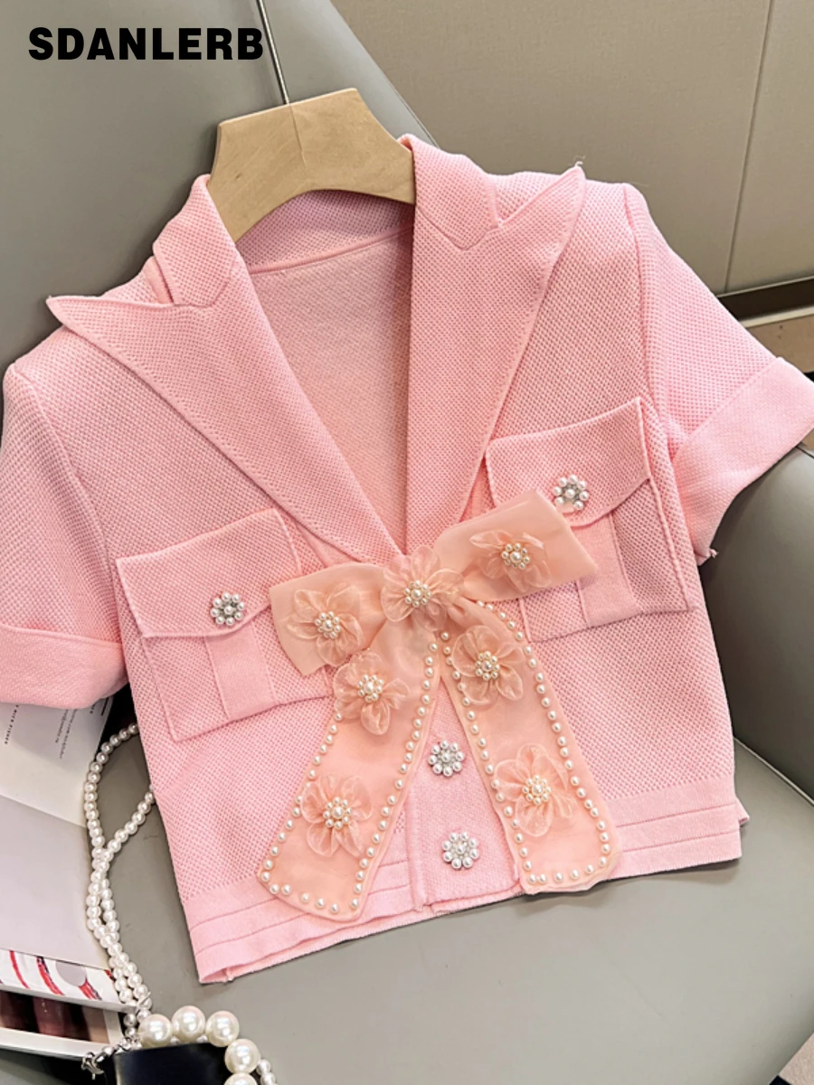 

Summer New Fashion Heavy Industry Beads 3D Flower Bow Tie Suit Collar T-shirt Short Sleeve Ice Silk Solid Color Women's Top