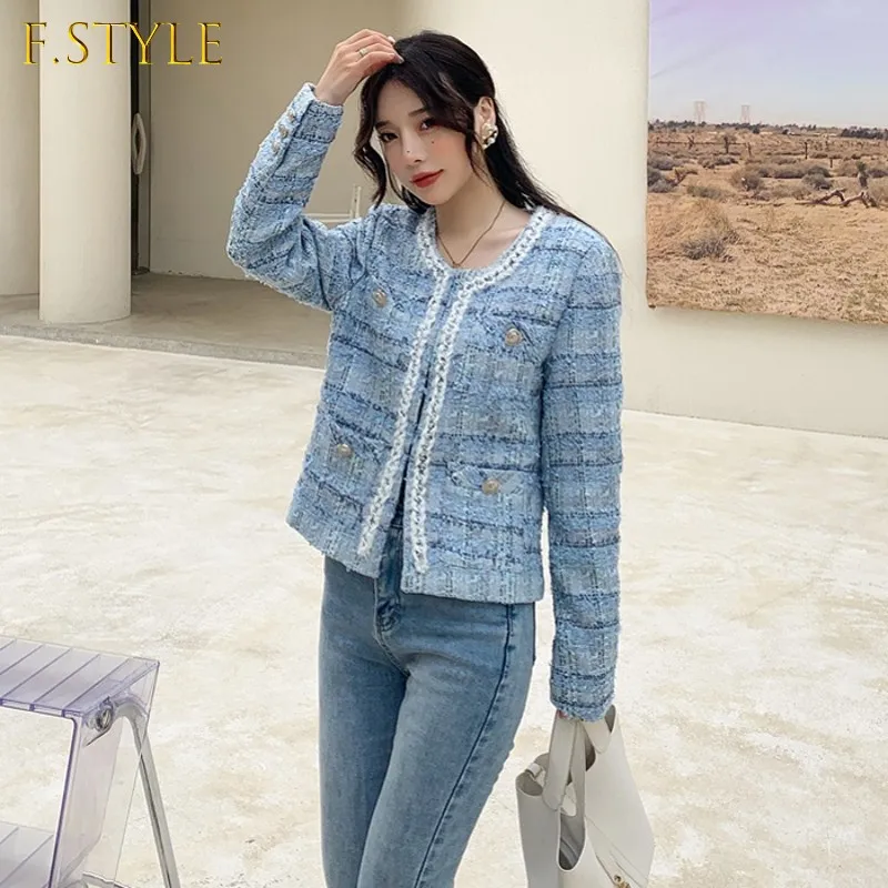 Runway Fall Winter Chic OL Work Wear Woolen Tweed Plaid Jacket Women's Sweet Luxury Blue Coats Female Outerwear Casacos