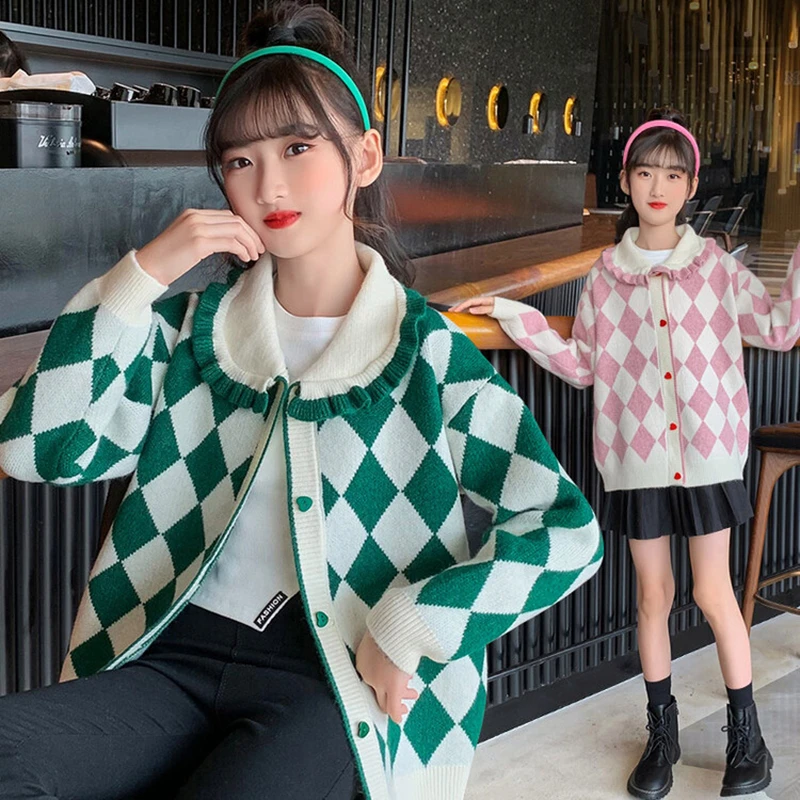 

Autumn Children Knitted Caridgans Fashion Children Turn-down Collar Coat Green/pink Plaid Knit Sweaters Spring Kids Clothes New