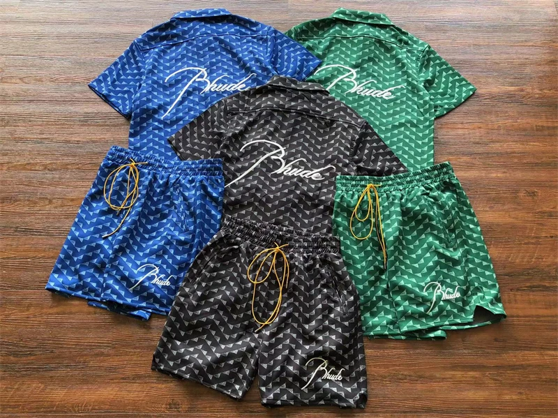 

Embroidery Rhude Shirts Men Women Patchwork Triangle Plaid Heavy Fabric Loose Short Sleeve Shirt gym