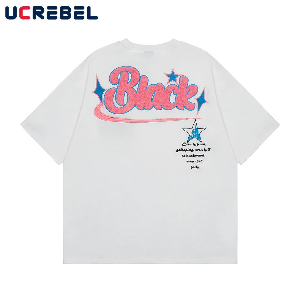 

Футболка мужская с вышивкой букв, свободная рубашка с коротким рукавом и круглым вырезом, Повседневная хлопковая уличная одежда с вышивкой, на лето