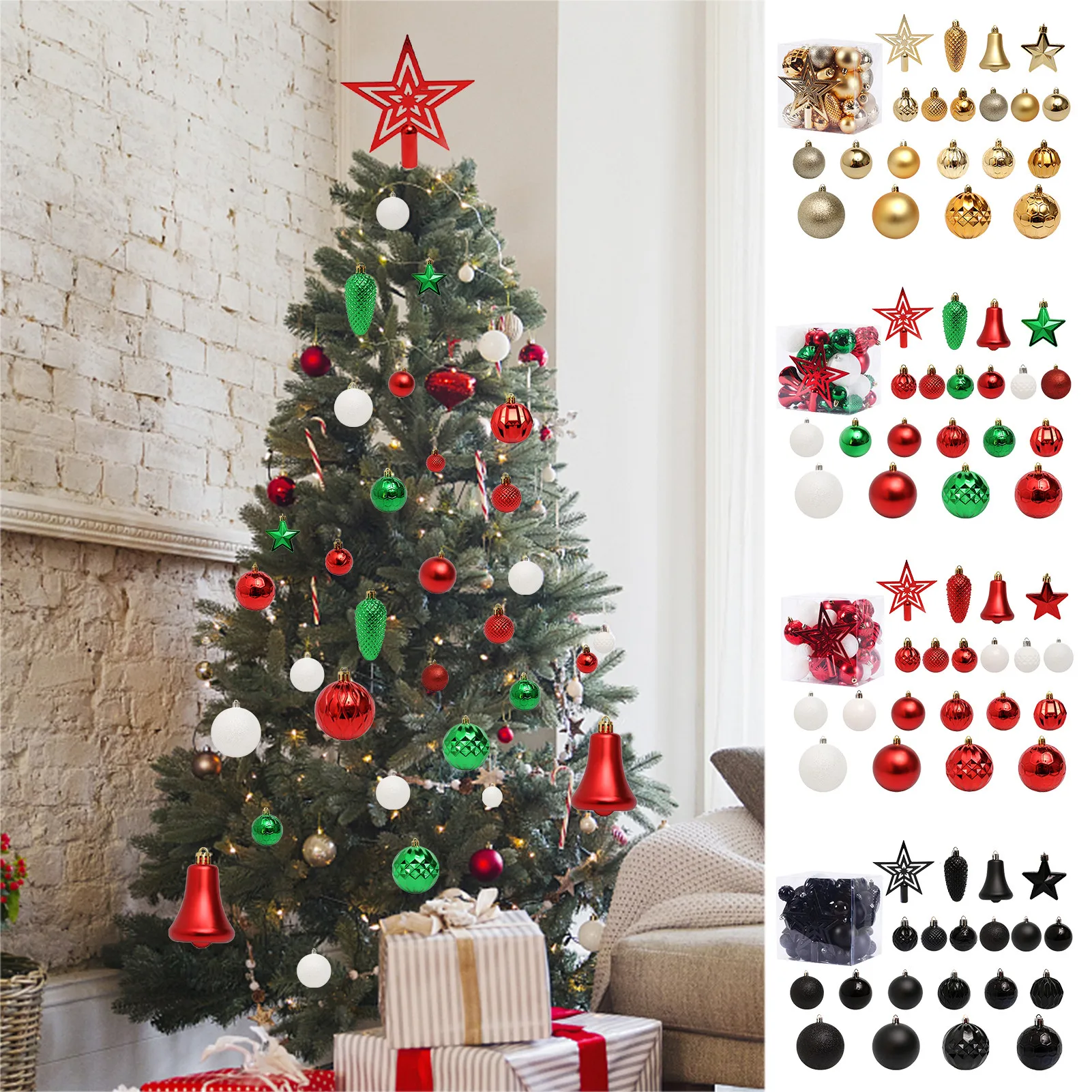

45pcs Christmas Balls Ornament Christmas Tree Red White Gold Black Glitter Star Topper Hanging Pendants Set christmas decoration