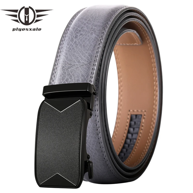 Plyesxale New Fashion Luxury Automatic Buckle Belt For Men High Quality Black Brown Gray Mens Cowhide Genuine Leather Belt B638