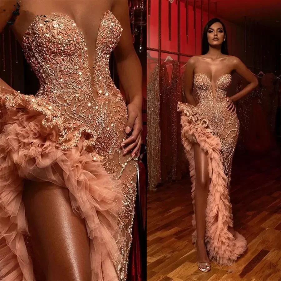 

Luxury Prom Dress Sleeveless Strapless V Neck Appliques Sequins Bridal Gowns Lace Train Side Slit Plus Size Vestido De Novia