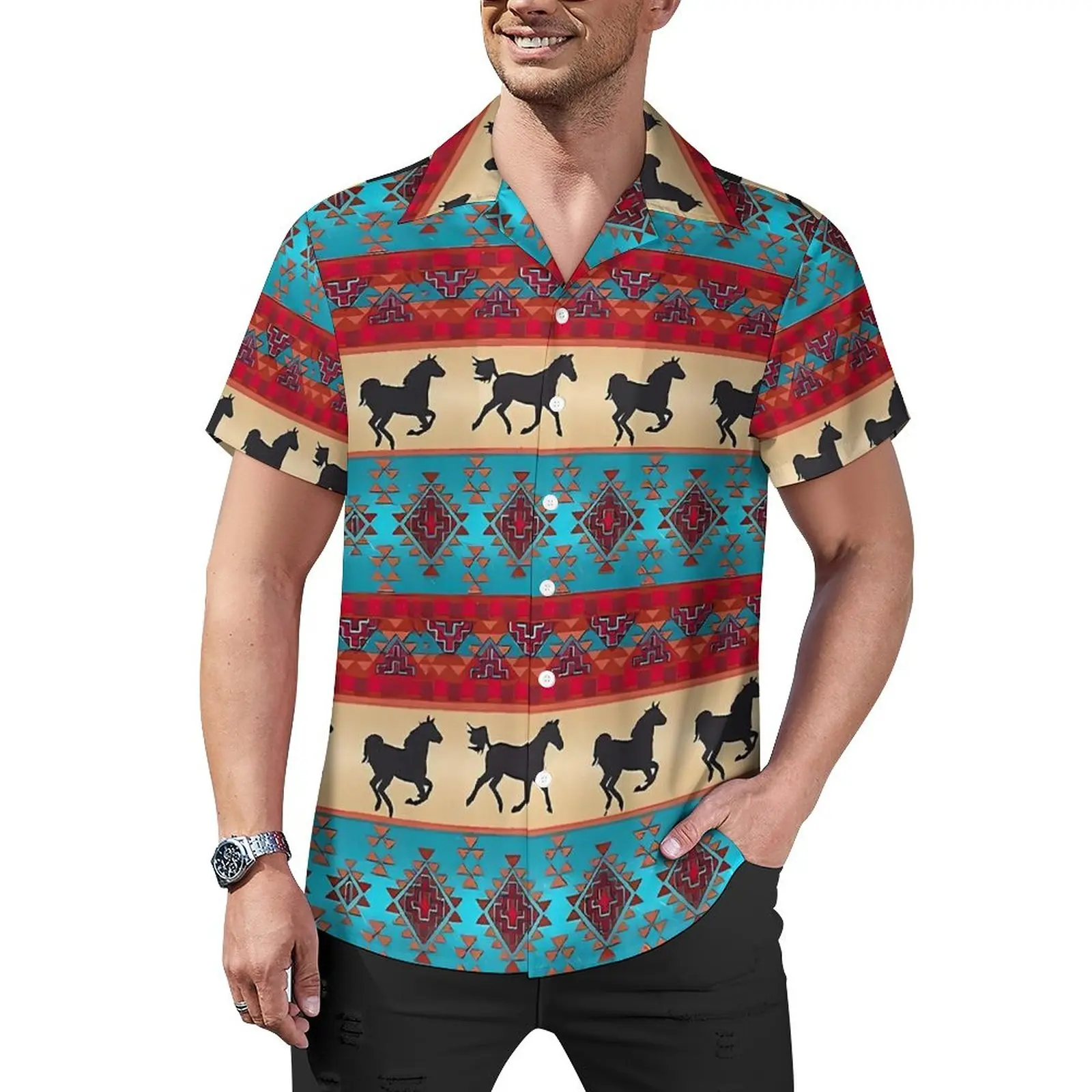 

Рубашка мужская свободного покроя с принтом лошадей, Пляжная винтажная Повседневная футболка с гавайским графическим принтом, с коротким рукавом, в уличном стиле
