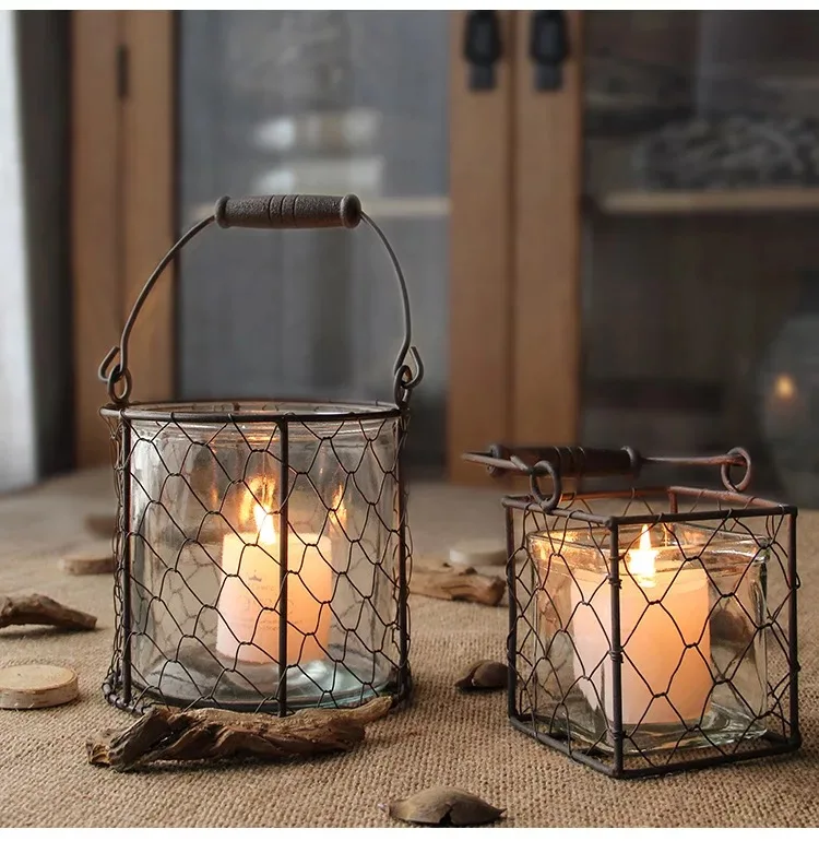 

Wedding Centerpieces Candle Holders Black Metal Table Craft Hanging Handle Candlestick Glass Decoration Salon Home Decoration