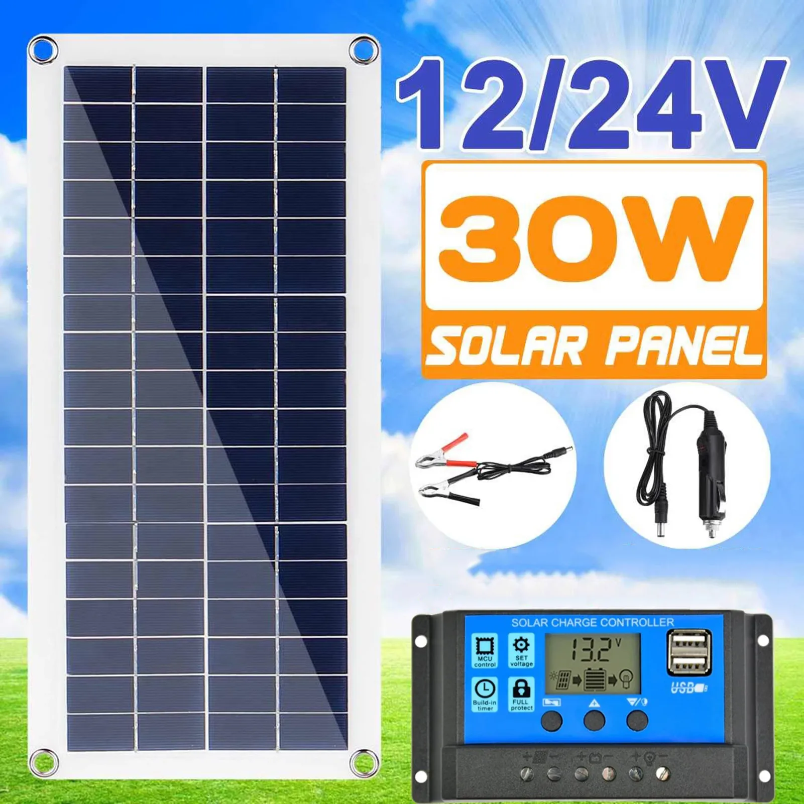 

12V Polycrystalline Solar Starter Kit 10W 30W 100W Solar Panel 10A 20A 30A 40A 50A 60A 100A For Phone RV Car MP3 PAD Charger