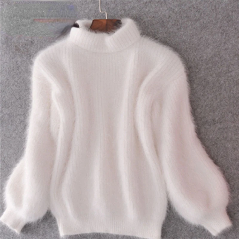2022 White Mohair Thicken Turtleneck Sweater Autumn Winter Sweet Fashion Lantern Sleeve Casual Solid Color Pullover pull femme