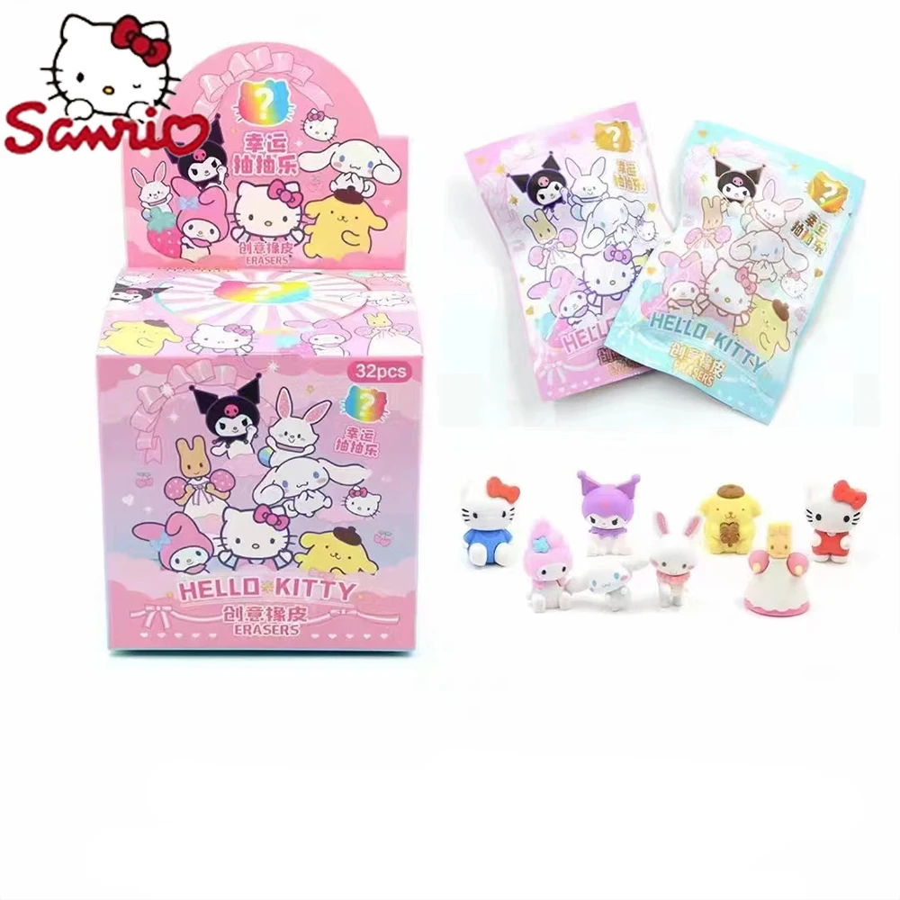 

Hello Kitty Sanrio Blind Doll Eraser Cartoon Cute 32pcs My Melody Kuromi Eraser Mystery Box Student Stationery Gifts For Kids