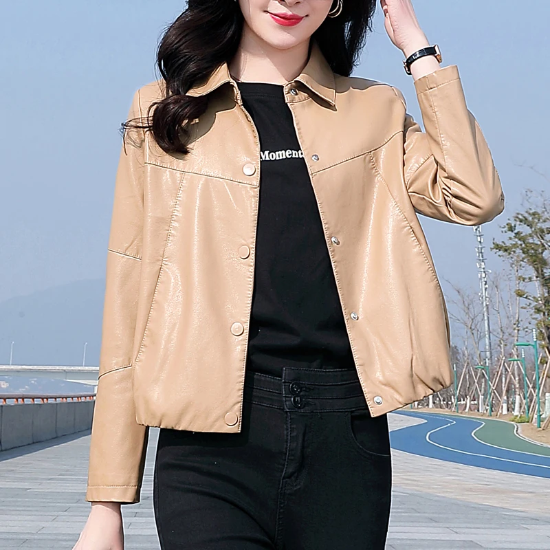 Women Retro Pu Faux Soft Small Leather Jacket Short Single Breasted Coat Turndown Collar Moto Biker Black Casual Outerwear