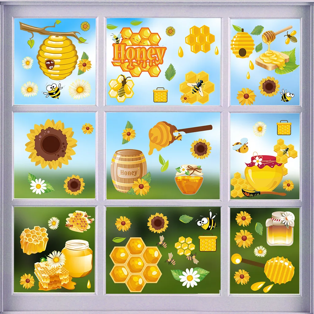 

Bee Honey Flower Electrostatic Stickers Double-sided Stickers Self-adhesive Removable Vinyl PVC Home Decoration