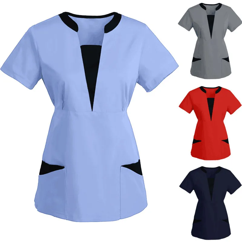 

Nursing Uniform Women Tops Short Sleeve V-neck Work Uniform Solid Patchwork Color Pockets Blouse Nurse Work Uniform Accessories