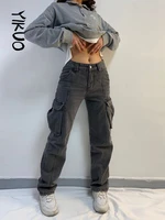 yikuo women cargo trousers straight cargo jeans pants high waist vintage pantalon streetwear femme mujer multi pocket 2022