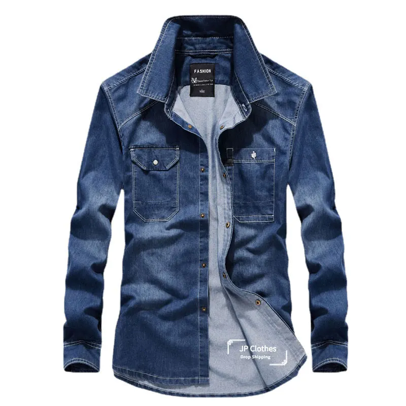 

Мужская джинсовая рубашка с длинными рукавами, Базовая рубашка из денима в стиле смарт-кэжуал для мужчин среднего возраста, рубашка с длинными рукавами, Размеры S ~ 3XL, весна-осень